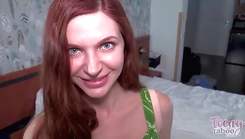 Shaky redhead girl fucked by two dicks
